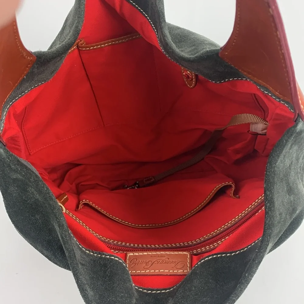 Dooney & Bourke Leather Suede Shoulder Bag Gray Brown Gold Red Lined Pockets - Picture 13 of 16